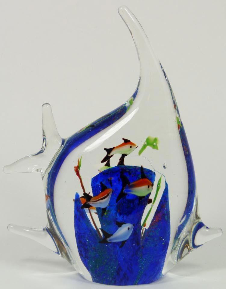 FIGURAL BLOWN GLASS FISH PAPERWEIGHT: Blown art glass figural fish paperweight. Has beautiful design with fish and coral to interior. Measures 7 7/8" height (20cm). 38" height x 22" width + 2" frame (96.5cm x 55.8cm + 5cm).