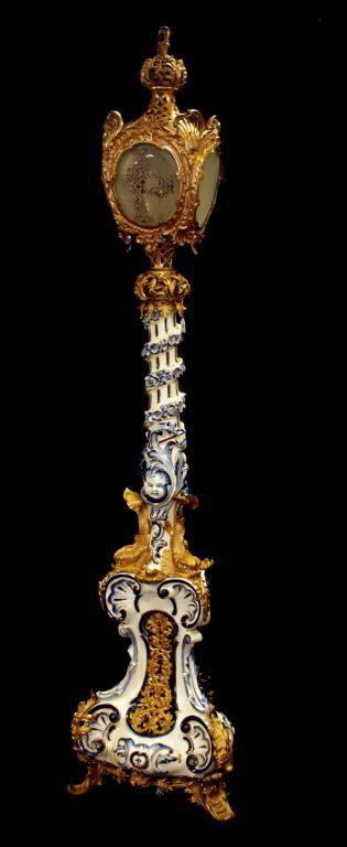 ITALIAN ROCOCO DORE BRONZE & MAJOLICA LANTERN: Rococo Dore Bronze Lantern with elaborate Majolica base and ormolu mounts. Set in motion a plume pediment seamlessly integrates into a flow of opposed c-scrolls and rocaille around etched glass and fr