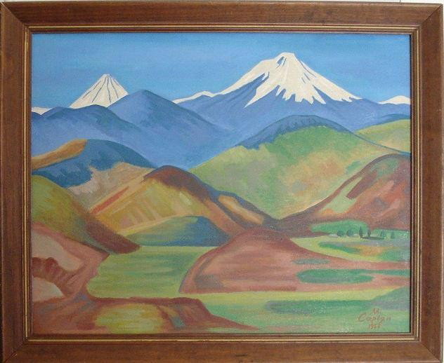 SARYAN OIL PAINTING ON CANVAS OF MOUNTAINS: Martiros Saryan (1880-1972) Armenian. Depicts mountains. Signed lower right and dated 1958. From the school of Martiros Saryan. Measures 16" H x 20" W + 1 1/2" matte and frame.