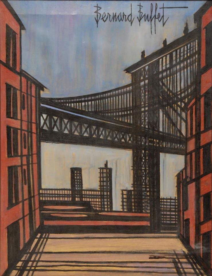 BERNARD BUFFET OIL ON CANVAS OF BRIDGE: Bernard Buffet (FRENCH, 1928-1999) oil painting on canvas depicting a bridge with buildings in the distance with the sun rising in the background. Signed upper right. From the school of Bernard Buffet