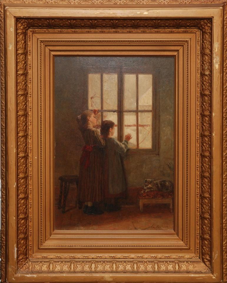 19th C. EUROPEAN OIL ON BOARD DEPICTING TWO GIRLS: Antique European oil painting on board. Depicts two young girls looking out a window to see a snowy landscape. A gray cat can be seen curled up on an ottoman. Signed lower right. Measures 16 1/2" heig