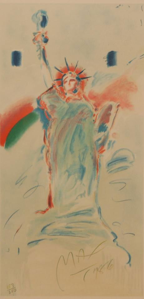 PETER MAX 'STATUE OF LIBERTY' ORIGINAL LITHOGRAPH: Peter Max (AMERICAN/GERMAN, 1937) original lithograph of the Statue of Liberty. Signed lower right and dated 1986. Includes certificate of authenticity. Numbered 153/250 to lower right. Measures 32 1/