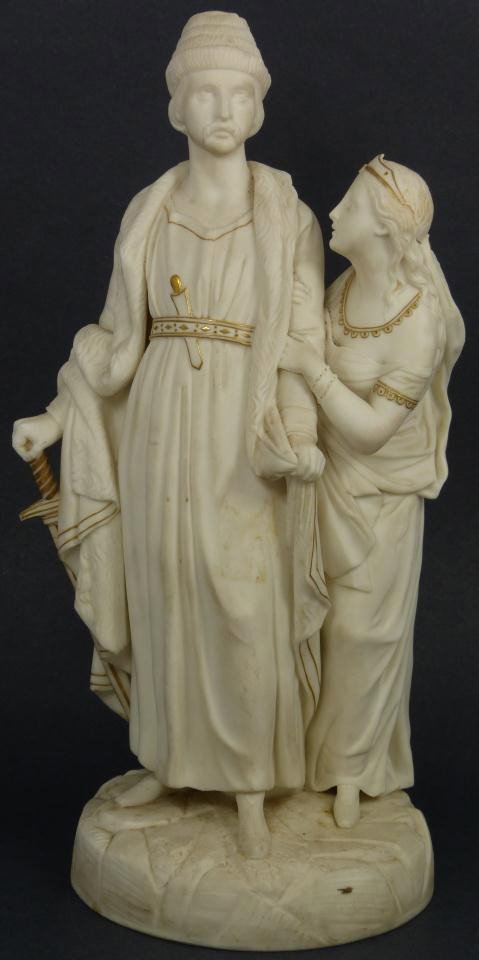 19th C. KERR & BINNS WORCESTER PARIAN FIGURE: Antique Kerr & Binns Worcester group figure. White porcelain figure depicting a man with fur lined coat and sword with a woman. Has gilded accents. Red K&B Worcester mark to bottom used 1852 - 1862. M