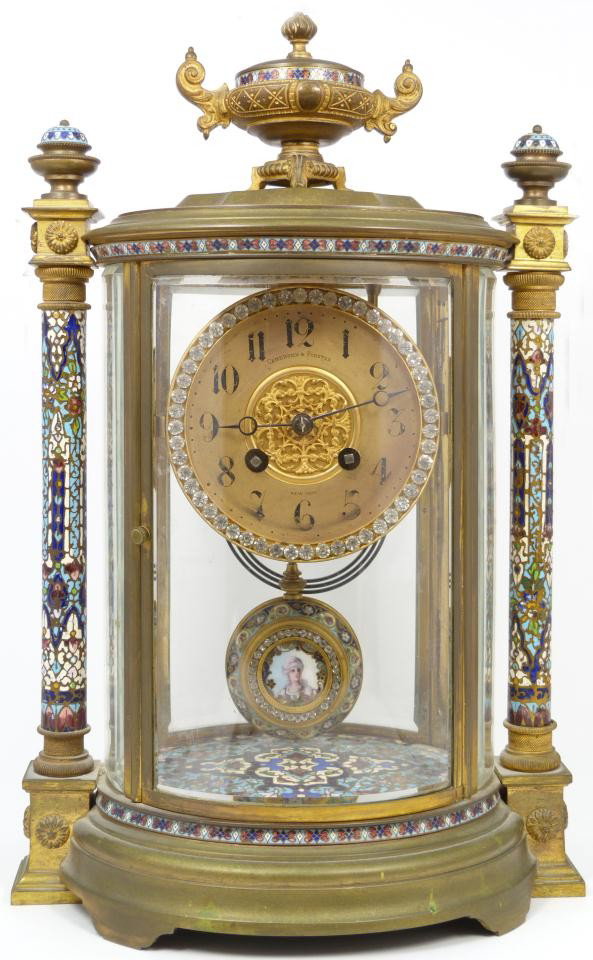FRENCH REGULATOR CLOCK BY SAMUEL MARTI 1900: Antique French champlevé and brass regulator clock with French time and strike two train movement by Samuel Marti, Medaille D'Or, Paris, 1900, H&H number 1473 5 8. The elegant crystal case is rare in