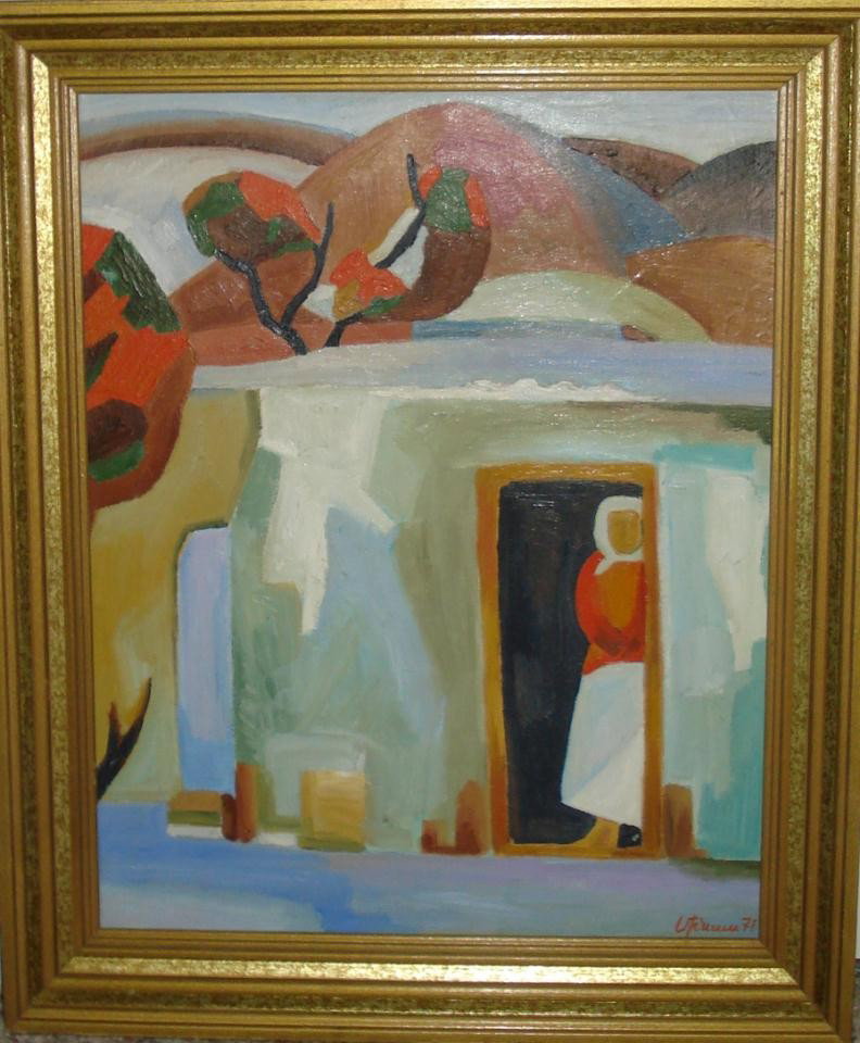 MINAS AVETISIAN OIL ON CANVAS OF WOMAN IN HOUSE: Minas Avetisian (ARMENIAN, 1928 - 1975) oil painting on canvas depicting a woman standing at the threshold of a house. Signed lower right. Attributed to Minas Avetisian. Measures 20" height x 16" widt