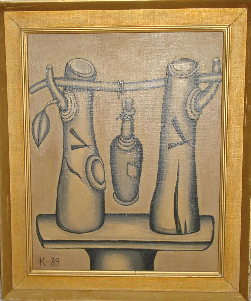 DMITRY KRASNOPEVTSEV OIL PAINTING ON ORGOLITE: Dmitry Krasnopevtsev (RUSSIAN, 1925-1995) oil painting on orgolite. Still life depicting a bottle of mead suspended by stick and logs while balancing. Signed K-89 lower left hand corner. Attributed to