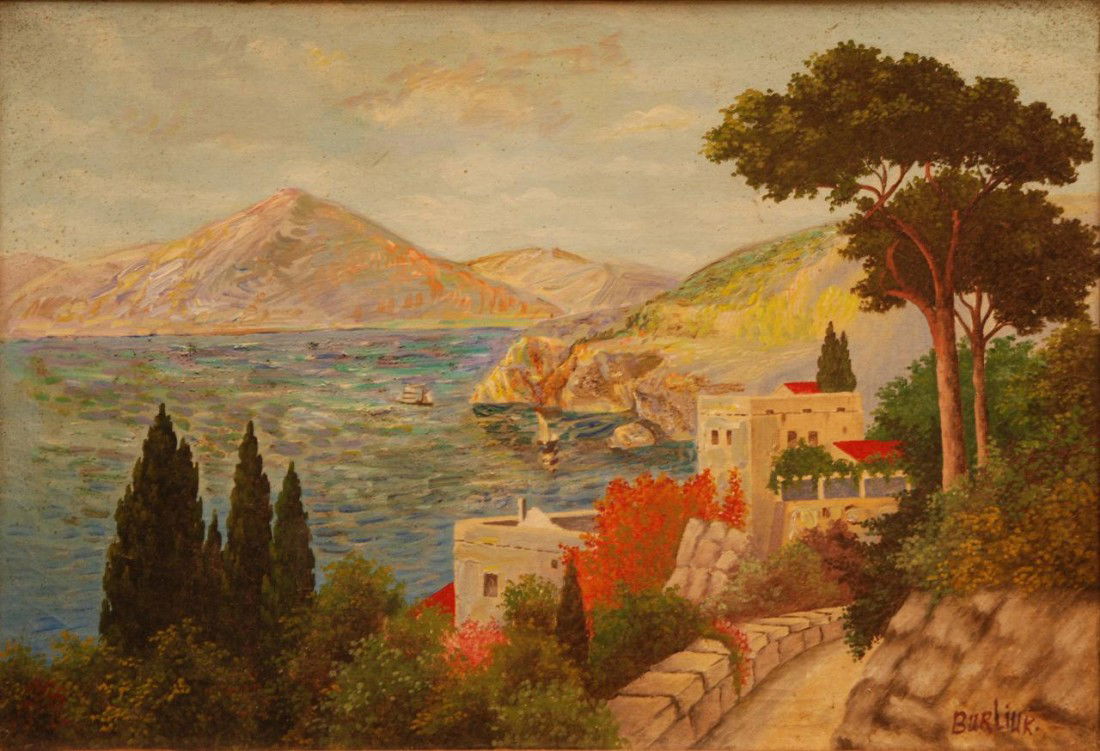 OIL ON CANVAS TITLED 'POZITANO' ATTR. TO BURLIUK: David Davidovich Burliuk (AMERICAN/RUSSIAN, 1882-1967) oil on canvas depicting a coastal landscape depiction of Positano Italy. Titled "POZITANO". Attributed to David Burliuk. Signed lower right. Meas
