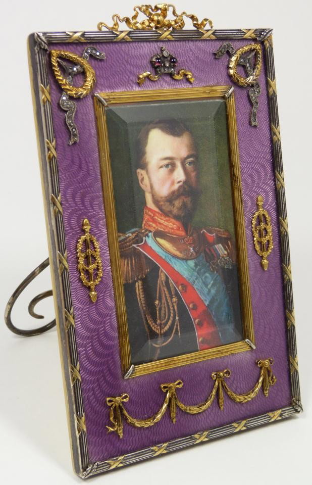 RUSSIAN SILVER, IVORY, & GUILLOCHE V. AARNE FRAME: Russian silver guilloche jeweled picture frame with portrait. Has purple enameled guilloche design with columnar border and mounted wreaths and ribbon work. Holds 88 silver purity marks with town mark