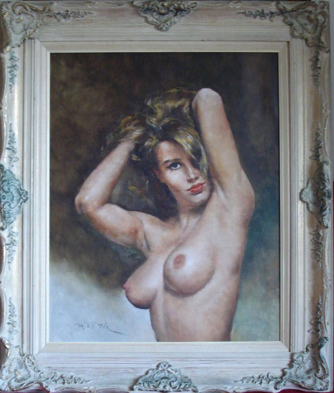 PAL FRIED OIL ON CANVAS DEPICTING NUDE "SANDRA": Pal Fried (Hungarian, 1893-1976). Oil on canvas in frame. Depicts nude female from waist up. Titled: Sandra. Signed "Fried Pal" lower left. Numbered and stamped on the reverse. Guaranteed Original. Me
