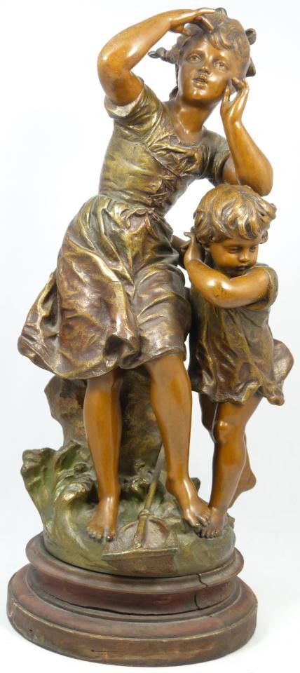 SPELTER STATUE OF CHILDREN AFTER HIPPOLYTE MOREAU: Hippolyte François Moreau (FRENCH, 1832-1927) bronze figure depicting two young girls with a schovel at their fee. One appears to be looking off into the distance. Mounted on wooden base. Signed to b