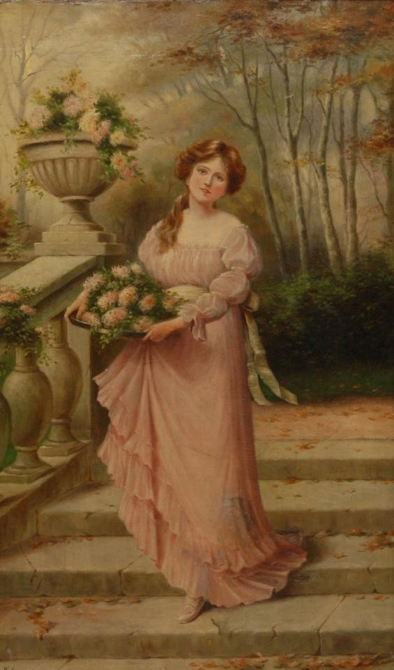 WILLIAM KNOX ORIGINAL OIL/CANVAS OF FLOWER MAIDEN: Classical portrait painting of the 19th century in oil depicting a poetic garden scene of a young woman draped in pink gown, clutching floral basket of mums as her gleaming, long brown hair adorns one