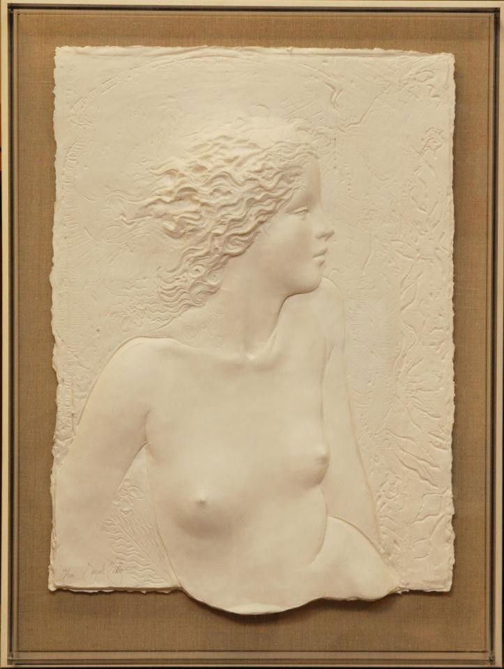 FRANK GALLO ORIGINAL CAST PAPER RELIEF OF NUDE: Frank Gallo (AMERICAN, 1933) original cast paper relief depicting a nude female. Pencil signed lower left and numbered 66/200. Measures 32" height x 24" width + 2 1/2" matte and frame (81.2cm x 60.9cm