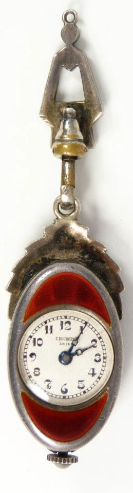 ANTIQUE BUCHERER STERLING SILVER POCKET WATCH: Antique Bucherer sterling silver pocket watch. Has silver face with metallic cobalt hour and minute hands. Has black Arabic numberals and notches. Case has red enamel with design around face. Reverse