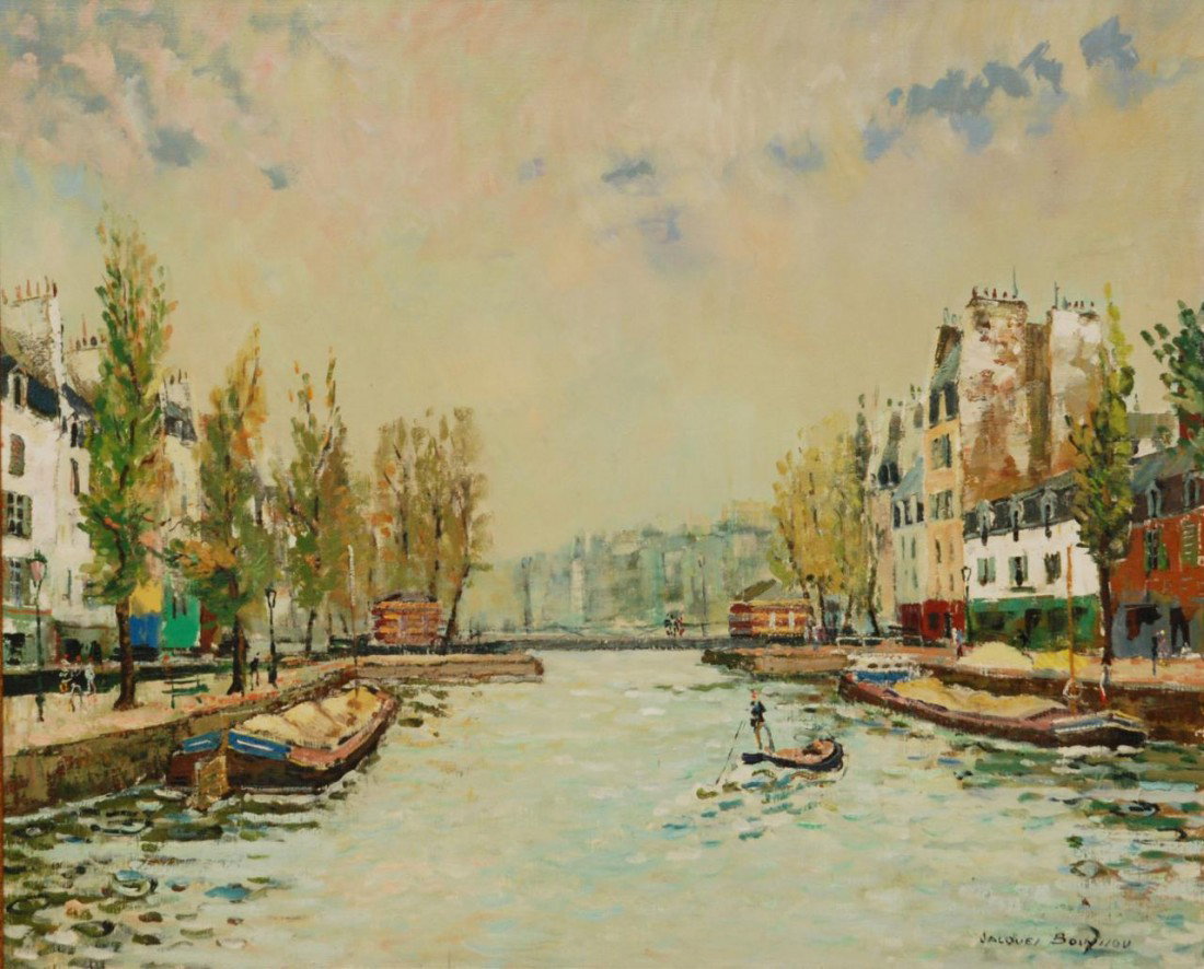 JACQUES BOUYSSOU ORIGINAL OIL ON CANVAS: Jacques Bouyssou (FRENCH, 1926-1997) original oil on canvas depicting a waterway scene with buildings, boats and trees visible. Signed lower right. Measures 32" height x 40" + 2 1/2" matte & frame (81