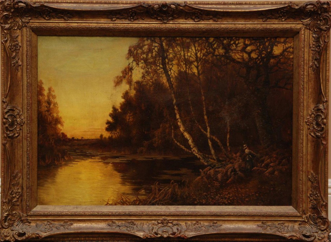 TOWNSHEND OIL PAINTING ON CANVAS OF LAKE SCENE: James Townshend (BRITISH, ?-1949) antique oil painting on canvas depicting a lake scene with dense trees around it. A woman can be seen lower right. Measures 20 1/4" height x 30" width + 3 1/2" matte 