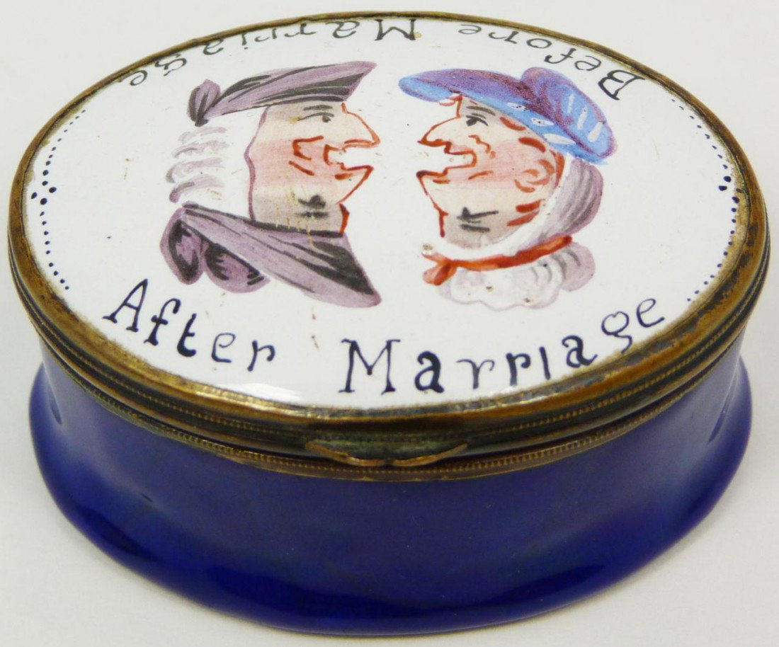 18th CENTURY ENGLISH ENAMEL HINGED MARRIAGE BOX: Enchanting hand painted English enamel box with bronze hinge. Has a humorous painting to cover that Says "Before Marriage" and "After Marriage". The faces of the man & woman switch from happy to sad a
