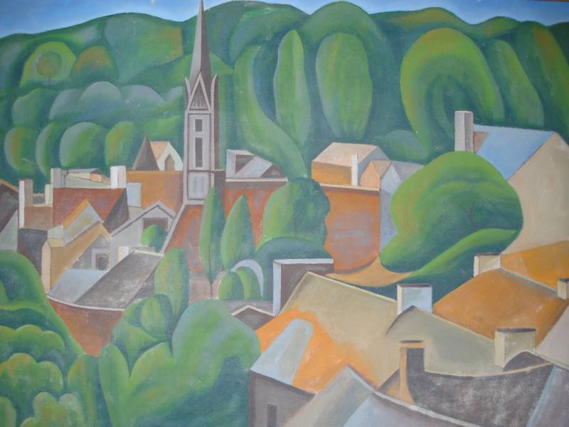 BORIS GRIGORIEV ABSTRACT OIL OF RUSSIAN LANDSCAPE: Boris Grigoriev, Russian, 1886-1939. Vibrant Abstract landscape painting, oil on canvas of Russian landscape by Boris Grigoriev. Using the visual language form of the Russian landscape and vibrant col