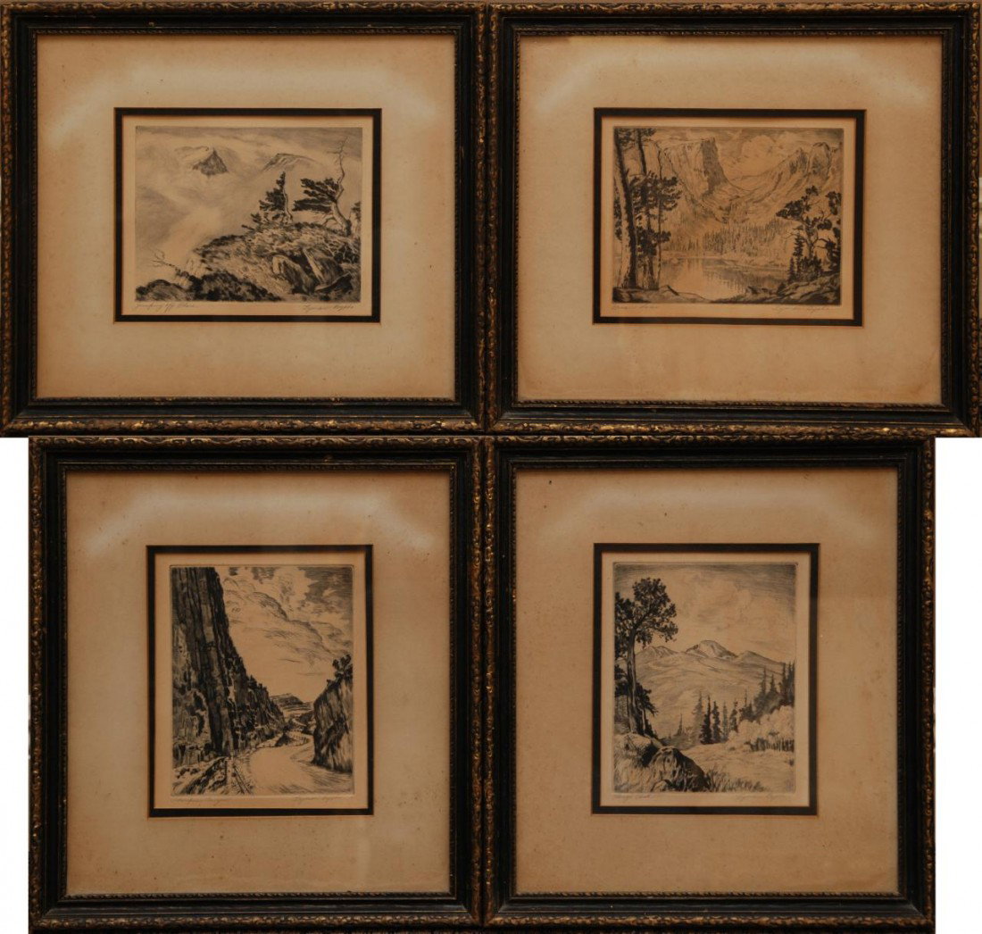 LYMAN BYXBE 4 SIGNED ETCHINGS ROCKY MOUNTAIN: Lyman Byxbe American, 1886-1980. Four copper plate etchings in black of the majestic Rocky Mountains of Colorado titled: "Dream Lake", "Jumping off Place", "Thompson Canyon" and "Longs Peak". Each pie