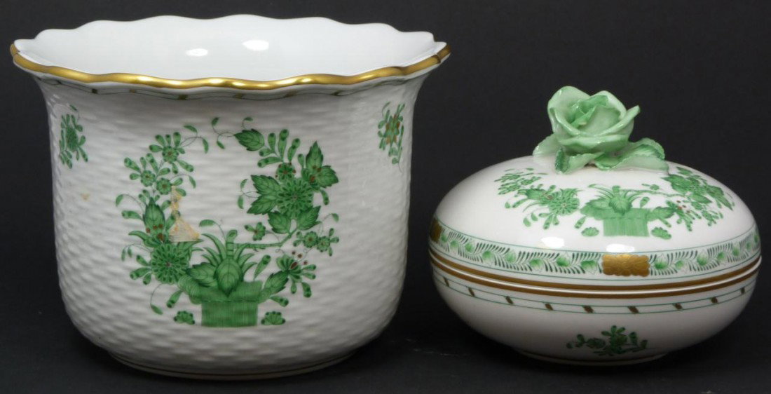 HEREND INDIAN BASKET COVERED BOWL AND ICE BOWL: Herend Hungarian hand painted porcelain round covered bowl and ice bowl in the Indian Basket Green pattern. Each piece Marked Herend to bottom. Covered bowl measures 3 3/4" height x 4 3/4" diameter (9