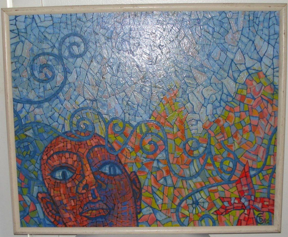 BORIS SVESHNIK CUBISM OIL ON CANVAS DEPICTING FACE: Boris Sveshnikov (RUSSIAN, 1927-1998) cubism oil on canvas depicting a face with flower and scrolled lines. Signed lower right and dated 1991. Russian export stamp to back of canvas. Measures 23" heig