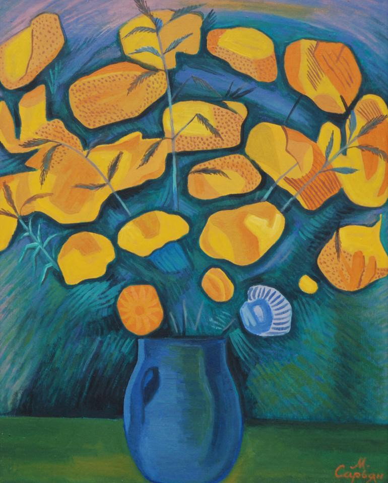 MARTIROS SARYAN ABSTRACT OIL PAINTING: Martiros Saryan, Armenian, 1880-1972. Modern painting of a still life, this oil on board depicts stylized flowers in yellow and orange bursting in vibrant colors from a blue vase of ovoid shape. Resti