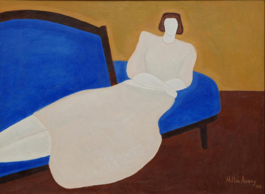 MILTON AVERY ABSTRACT OIL PAINTING: Milton Avery, New York, 1885-1965. A colorful and innovative Abstract Expressionism depiction of a woman recumbent on deep blue recamier against the backdrop of a brown floor and gold wall creating an