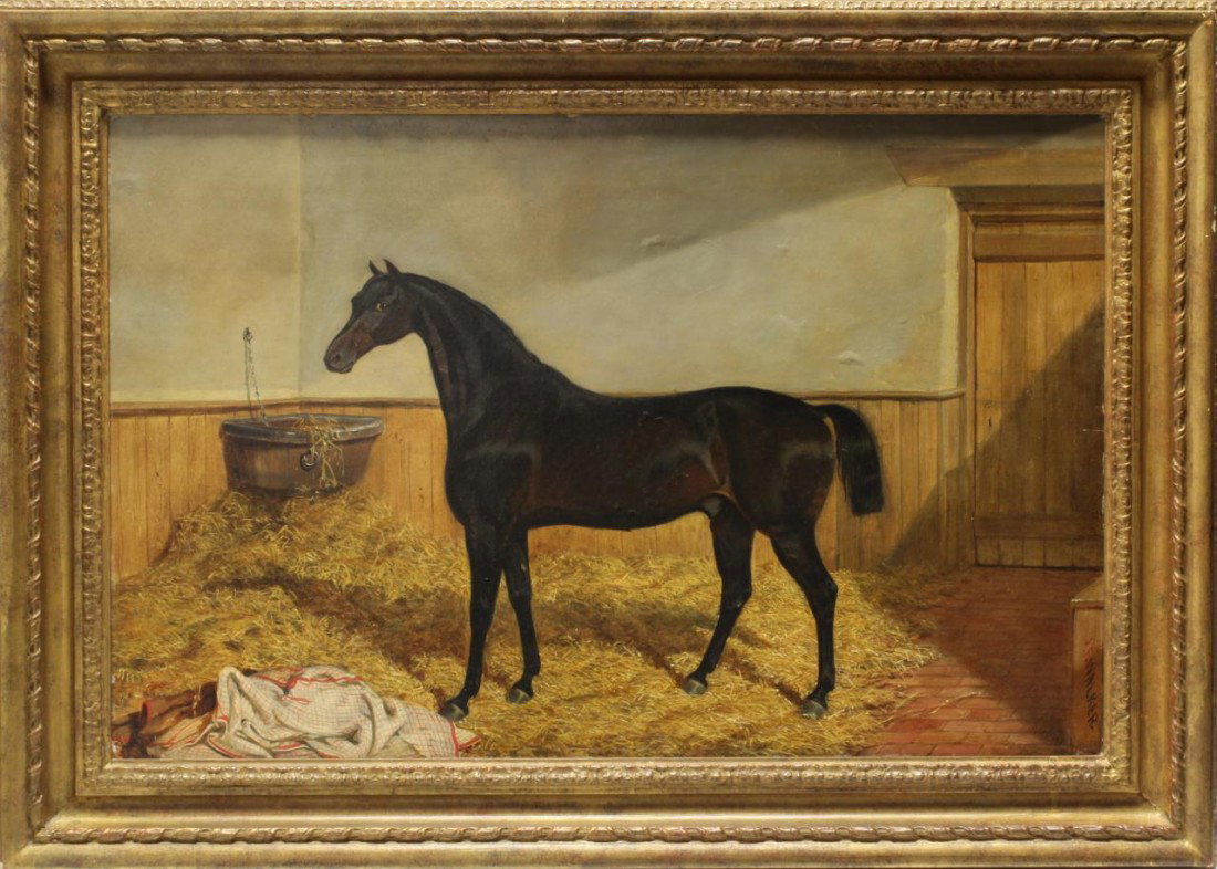JOSEPH FRANCIS WALKER OIL ON CANVAS OF HORSE: Joseph Francis Walker (BRITISH) oil on canvas depicting a dark brown horse in stable. Signed lower right S. F. WALKER. Guaranteed original. Measures 17" height x 26" width x 2 1/2" matte & frame (43.1