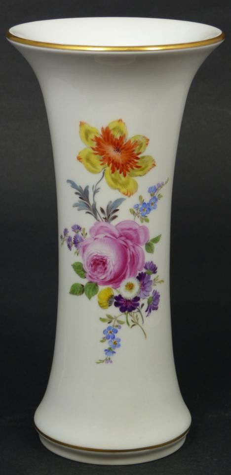 MEISSEN GERMAN PORCELAIN HAND PAINTED FLORAL VASE: Meissen German porcelain hand painted vase. Beautiful hand painted bouquet design to body. Blue Crossed sword mark to bottom. Marked 1306/37 in red to bottom. Impressed 480 to bottom. Measures 10" hei