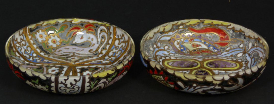 PAIR OF REVERSE PAINTED JOSE ROYO DISHES SPAIN: Pair of reverse hand painted art glass bowls. Bowls possibly Moser glass. Each has a colorful design depicting the sun and moon. Signed by Spanish artist Jose Royo. Bowls measure 1" height x 4" diamet