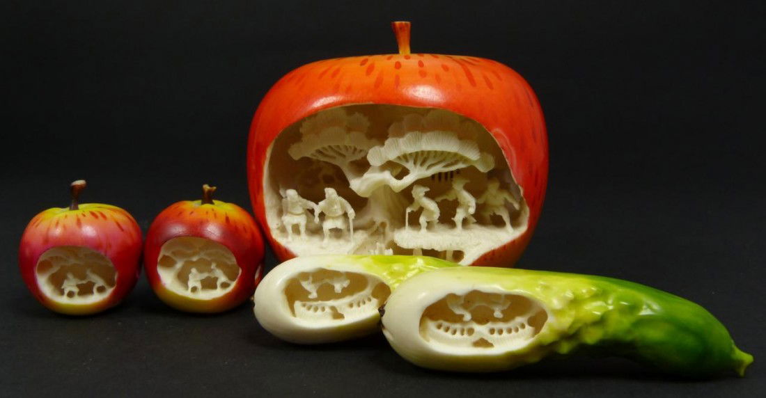 131 5 CHINESE CARVED IVORY FRUITS AND VEGETABLES