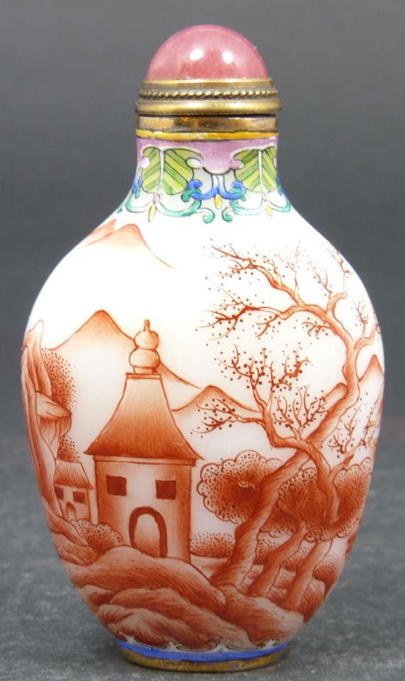CHINESE HAND PAINTED PEKING GLASS SNUFF BOTTLE: Beautiful Chinese white Peking glass snuff bottle. Has ovoid body with hand painted design depicting a landscape scene with trees, mountains,pagodas, and a man. Has a purple cabochon jeweled stopper.