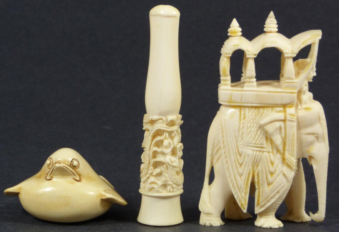 3pc LOT OF CHINESE CARVED IVORY ITEMS: 3 Chinese hand carved ivory pieces. One is a fully relief carved elephant with cabin on back. The next is a fat bird and the last is a relief carved dragons cigarette tip. Tallest measures 3 3/8" heig