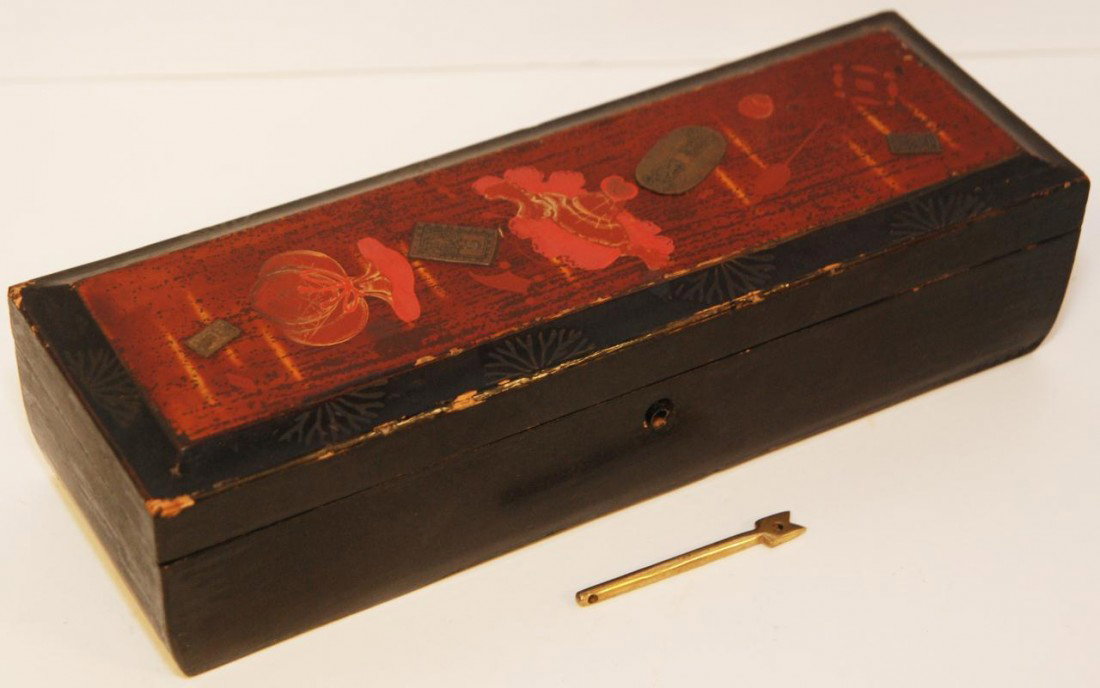 ANTIQUE COPPER & LAQUERED WOOD LOCK BOX: Antique hand carved lacquered wood humidor hinged box. Has four copper plaques set to top of lid with calligraphy. Black lacquer interior. Measures 3" height x 12" length x 4 1/4" depth (7.6cm x 30.4c