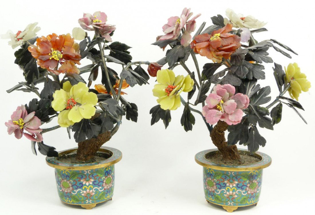 Pr JADE JASPER & CARNELIAN TREES w CLOISONNE POT: Pair of hand carved jade trees with genuine jade, jasper and carnelian hand carved flowers. Has a cloisonne pot bases with scrolled floral design. Each measures approximately 9 3/4" height x 8 1/4" wi