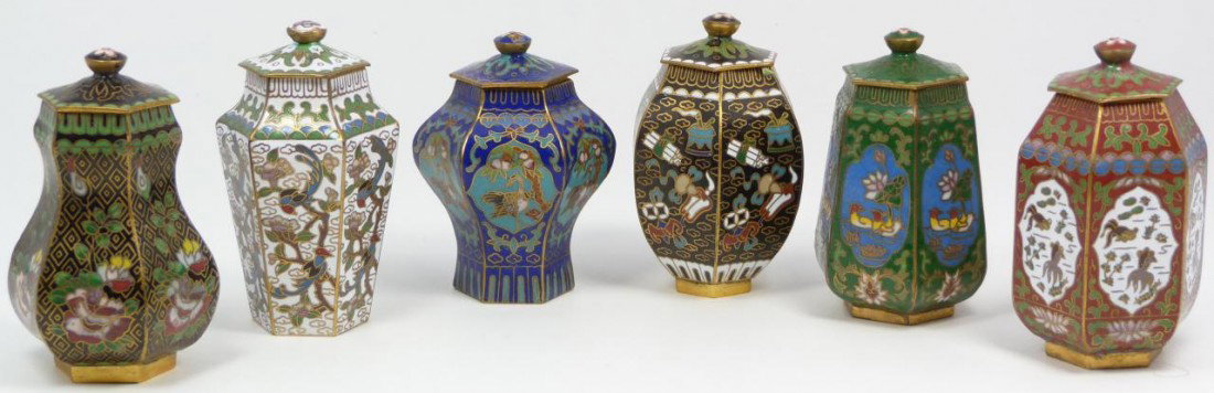 6 CHINESE CLOISONNE ENAMELED BRONZE COVERED VASES: 6 Chinese cloisonne enamel on bronze covered vases. Each is finely crafted depicting flowers, birds, fiss, scrolls, coins bats and double gourds. Each measures approximately 3" height (7.6cm). Total w