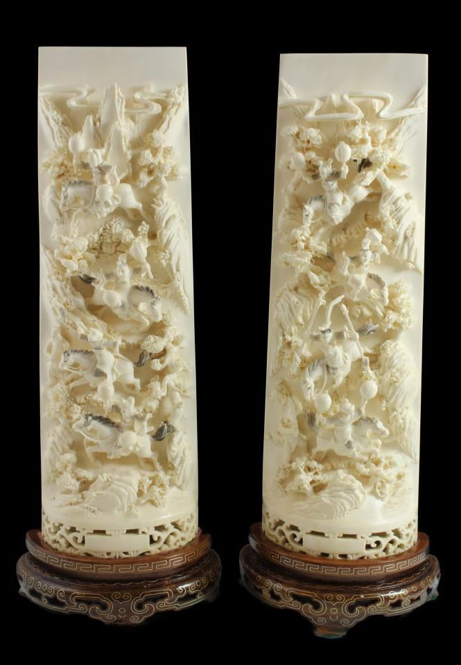 Pr INTRICATE CHINESE IVORY WARRIOR GROUP PLAQUES: Pair of stunning Chinese hand carved plaques depicting a war scene. Relief carved design shows cavalry and infantry warriors are depicted with traditional weapons. Also in the scene is rocks trees and