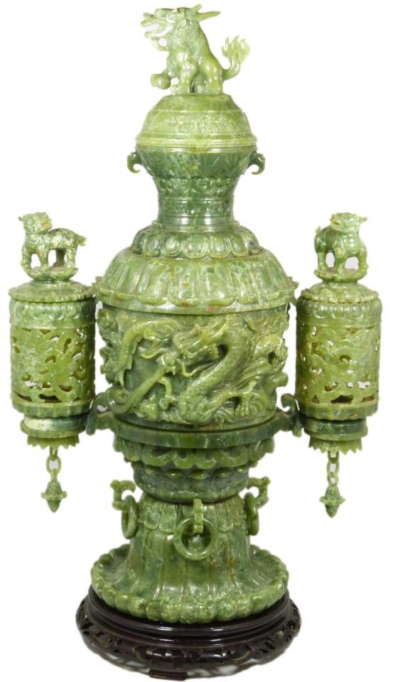 IMPRESSIVE ANTIQUE CHINESE JADE 3 CHAMBER CENSOR: Hand carved Chinese green jade Foo Dog Censer. Has three chambers, two fully reticulated and mounted with foo dog to top and hanging mace on chains to bottoms. Carved foo dog to cover. Magnificent gre