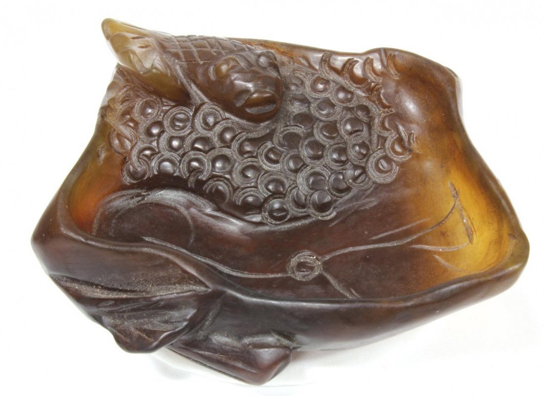 CHINESE HAND CARVED RUSSET JADE WATER COUPE: Chinese russet jade hand carved scholar's desk water pot. Has organic design with figural fish and caviar. Measures 4" length x 3 1/2" width (10.1cm x 8.9cm). Total jade weight of 116 grams.