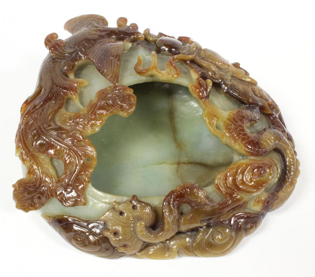 EXQUISITE BURMESE JADE DRAGON & PHEONIX WATER POT: Finely carved Burmese jade dragon and Pheonix scholar's desk water pot. Has intricate relief carved design depicting dragon & jewel with phoenix. Embellished by swirling clouds. Bottom also having clo