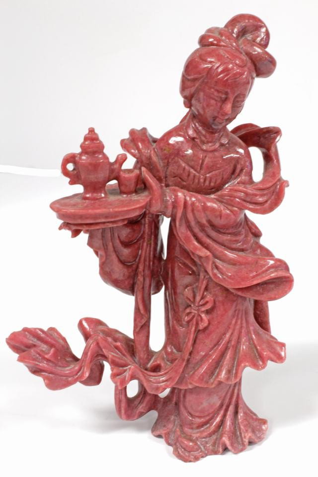 ANTIQUE CHINESE CARVED RHODONITE QUAN YIN FIGURE: Antique Chinese hand carved rhodonite quan yin figure with tea set. 19th century. Includes fitted wooden base. Measures 7 1/2" height (19cm). Total rhodonite weight of 780 grams.