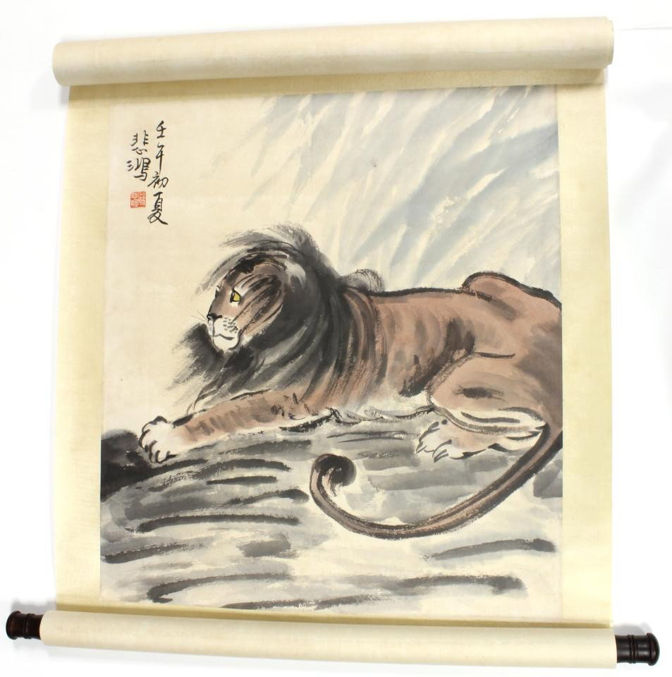 XU BEIHONG INK ON PAPER OF LION SCROLL SIGNED: Xu Beihong (CHINESE, 1895-1953) depicting a recumbent lion. Ink and color on paper. Signed & sealed upper right. Measures 24" height x 21 1/2" width (60.9cm x 54.6cm).