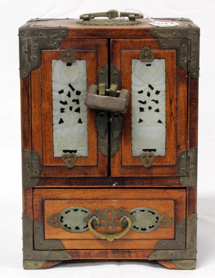 ANTIQUE CHINESE WOODEN JEWELRY BOX w JADE INLAY: Antique Chinese hand crafted wooden jewelry box with inlaid jade reticulated plaques. has 3 interior drawers behind double hinged doors. Has handled drawer to bottom front. 19th century. Measures 9 1/