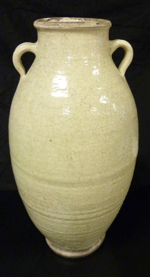 CHINESE TANG DYNASTY WHITE GLAZE POTTERY VASE: Antique Chinese Tang Dynasty period white glaze pottery vase. Amphora shape. Measures 16" height (40.6cm).