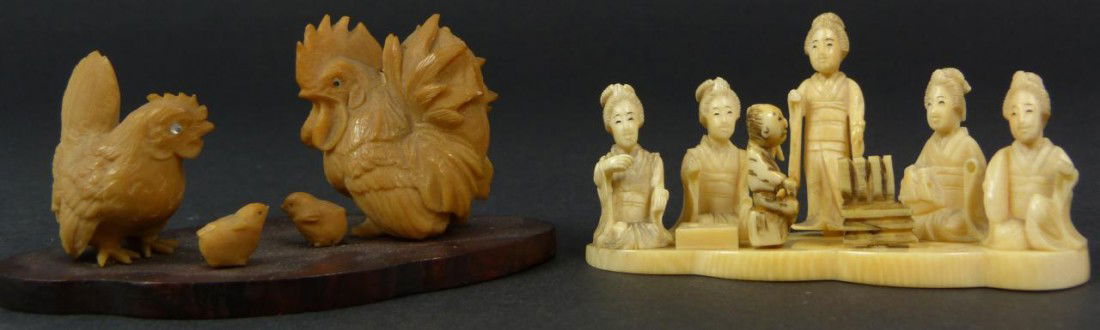 2 HAND CARVED JAPANESE GROUP FIGURES IVORY RESIN: 2 Japanese hand carved group figures. The first is made of ivory and has 6 figures. The next is constructed of early resin and depicts chickens with chicks. Largest measures 2 7/8" length (7.3cm).