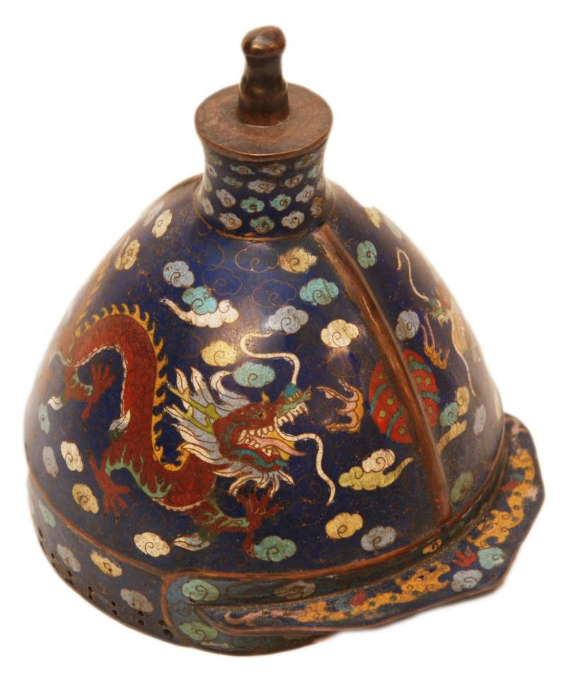 19th C CHINESE CLOISONNE BRONZE IMPERIAL HELMET: Antique Chinese cloisonne Imperial Guard Helmet. Has an impressive dragon design with 5 fingers to claw. Also depicts clouds and dragon pearl jewel over royal blue background. Turquoise enameled inter