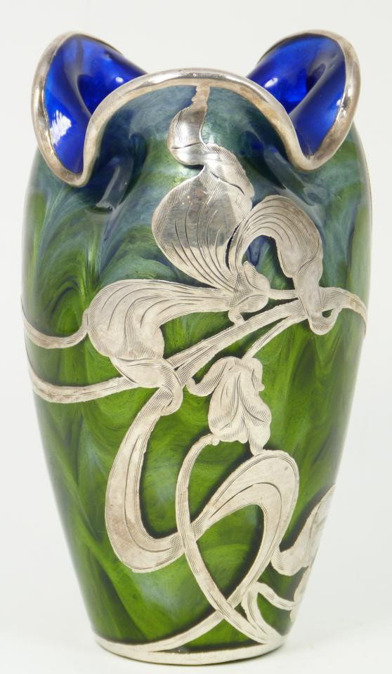 LOETZ TITANIA GREEN ART GLASS VASE SILVER OVERLAY: Antique Loetz Titania glass Bohemian blue & green vase with floral silver overlay. Vivid cobalt blue interior and green exterior to glass. Early 20th century. Measures 4 7/8" height (12.3cm).