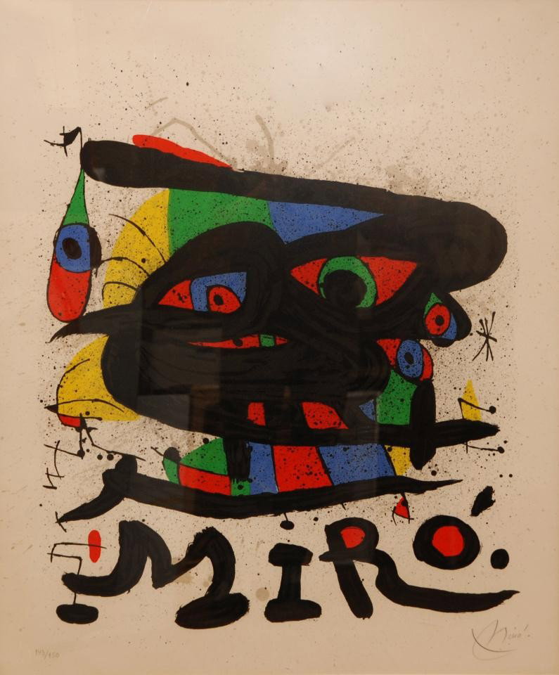 JOAN MIRO SIGNED LITHOGRAPH TITLED MINNEAPOLIS: Joan Miró (SPANISH, 1893-1983) Lithograph in frame titled 'Minneapolis'. Hand signed lower right and numbered lower left. 33" height x 28" width + 3 1/2" matte & frame (83.8cm x 71.1cm + 8.9cm).