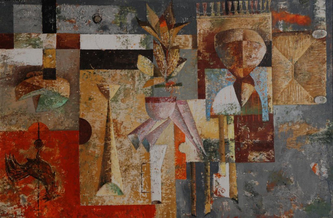 JOSE LAPAYESE DEL RIO ABSTRACT OIL ON CANVAS: José Ramón Lapayese del Río (SPANISH, 1928) large original oil painting on canvas depicting an abstract titled "La Bodegon Manchego". Signed lower right. Measures 36" height x 57" width + 1 1/4" ma