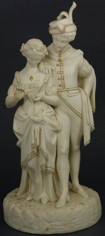 19th C. KERR & BINNS WORCESTER PARIAN FIGURINE: Antique Kerr & Binns Worcester group figure. White porcelain figure depicting a man and woman. The woman is pulling petals from a flower. Has gilded accents. Red K&B Worcester mark to bottom used 1852