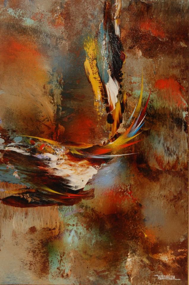 LEONARDO NEIRMAN ABSTRACT ACRYLIC ON MASONITE: Leonardo Nierman (MEXICAN, 1932) acrylic on masonite titled 'Autumn Flight'. Signed lower right. Measures 24" height x 16" width + 2 1/2" matte & frame (60.9cm x 40.6cm + 6.3cm).